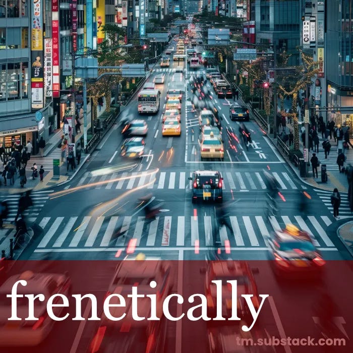A bustling city street filled with cars, pedestrians, cyclists, all moving in various directions with speed and intensity; used to illustrate the SAT vocabulary word FRENETICALLY.