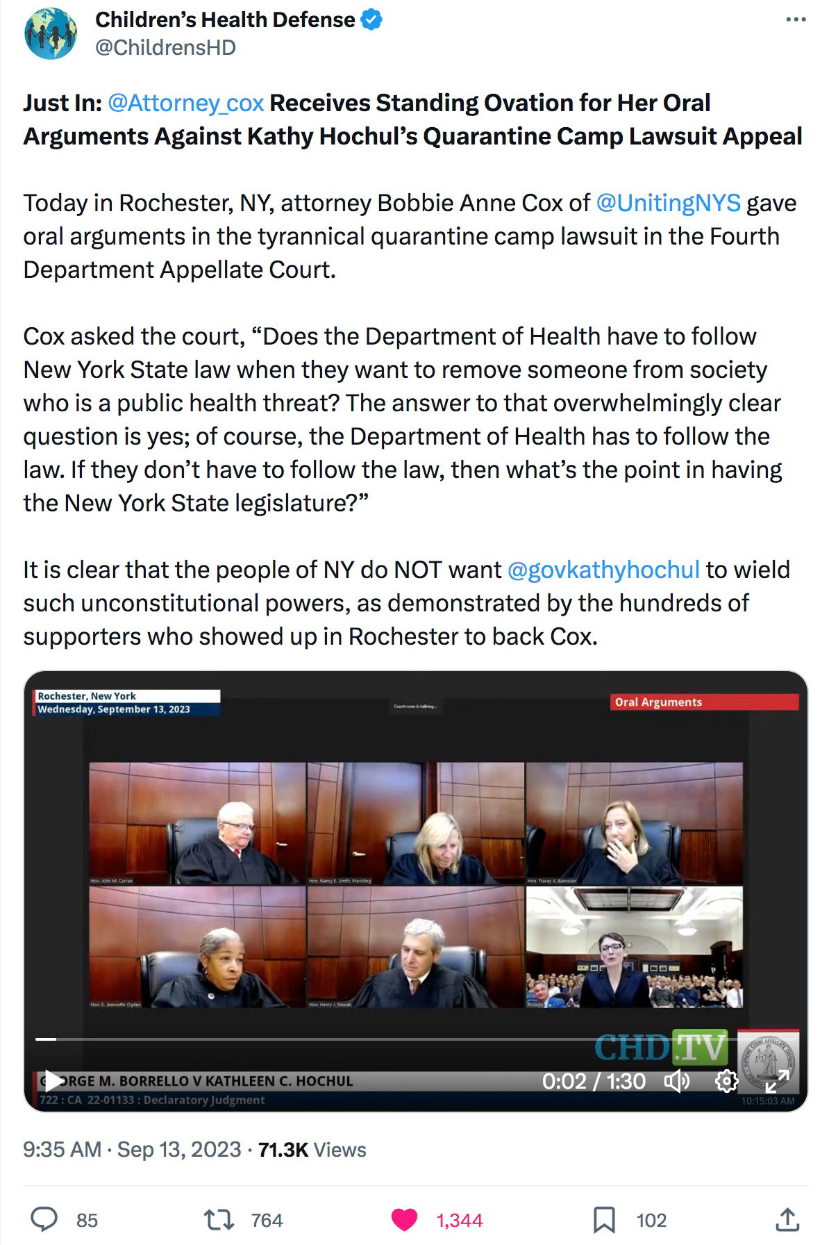 Bobbie Anne Cox Oral Argument Against Governor Hochul's Quarantine Camps Lawsuit Appeal
