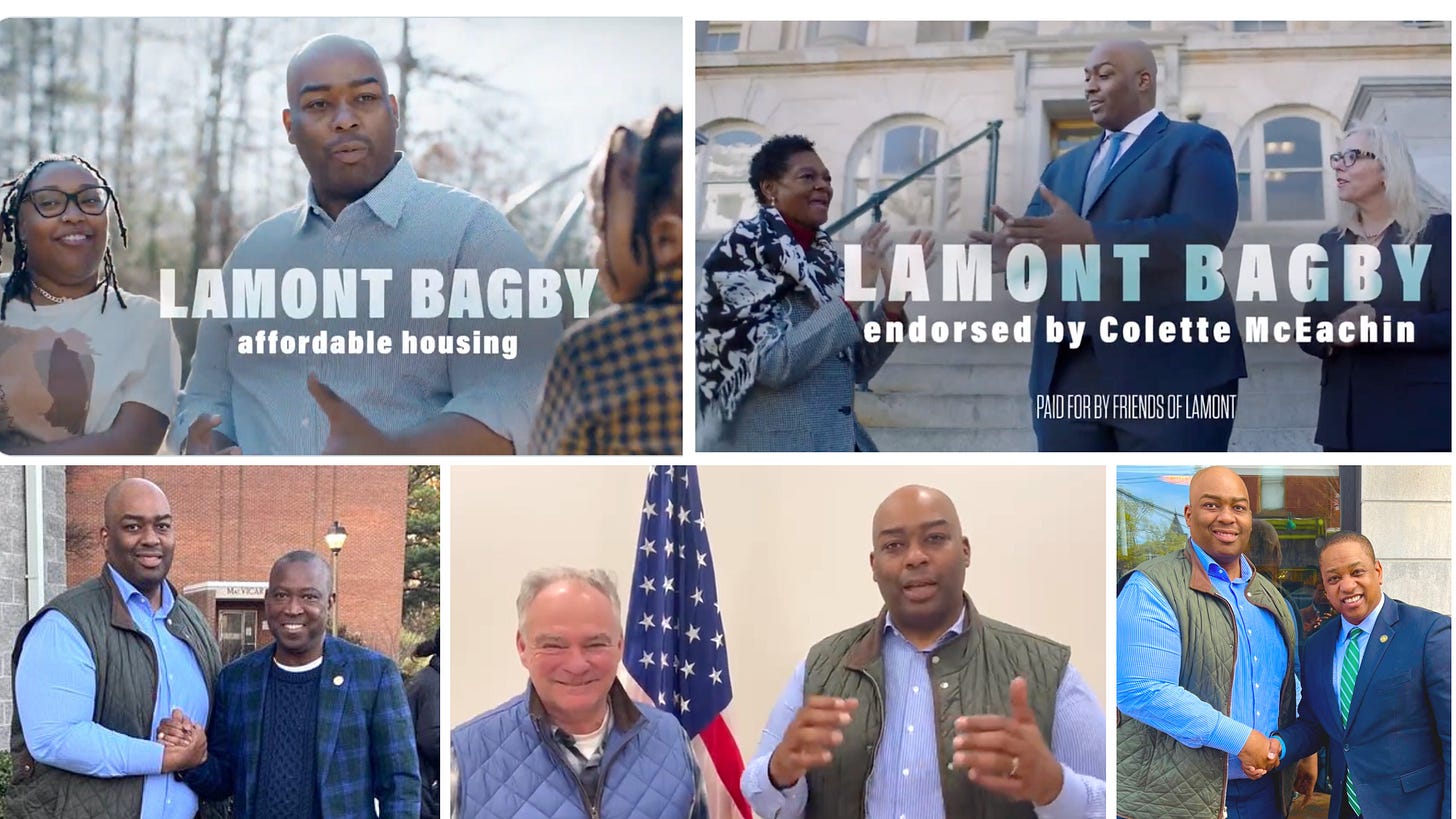 Delegate Lamont Bagby with supporters such as Don Scott, Tim Kaine and Justin Fairfax