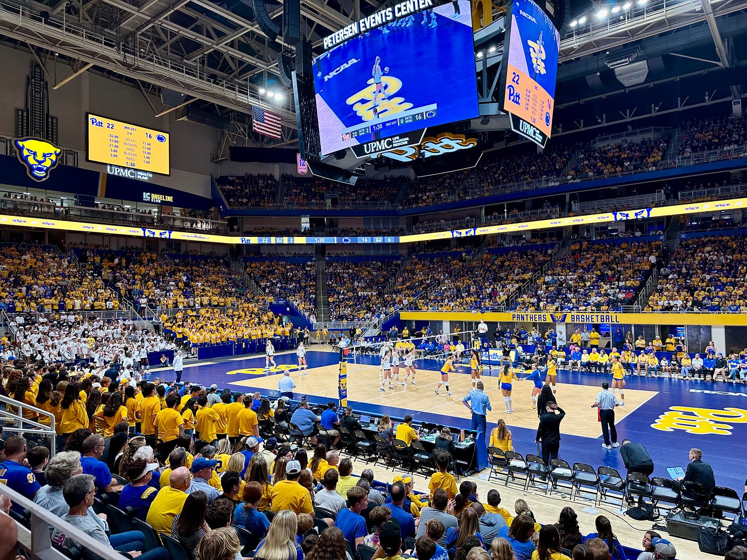 Photograph shows a sold-out Petersen Events Center for Pitt Volleyball