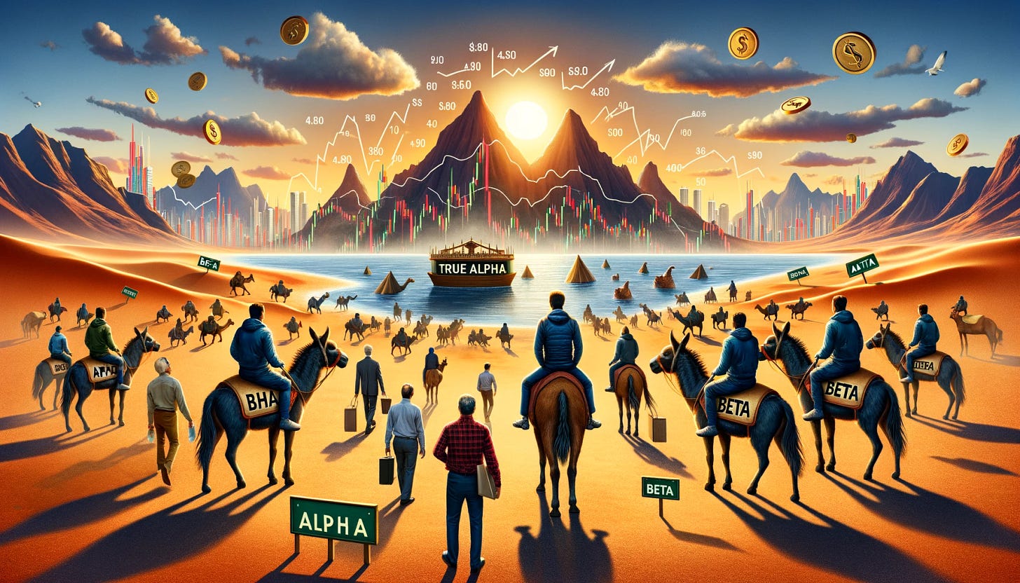 An exciting financial graphic depicting the elusive hunt for true alpha versus beta hitchhikers. The image shows a desert landscape with a mirage of a water oasis labeled 'True Alpha' in the distance. In the foreground, there are various investors riding mules, labeled 'Beta', towards the mirage. Some investors are looking confused as the mirage starts to disappear. Include elements like market charts, financial symbols (dollar signs, stock graphs), and a dramatic sky with the sun setting. The overall mood should be dynamic and illustrative of the challenging and often illusory quest for alpha in the financial world.