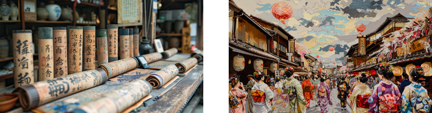 Close-up of aged, rolled-up scrolls with Japanese script, displayed on a wooden shelf, and a bustling street scene in Japan with people in traditional attire under hanging lanterns.