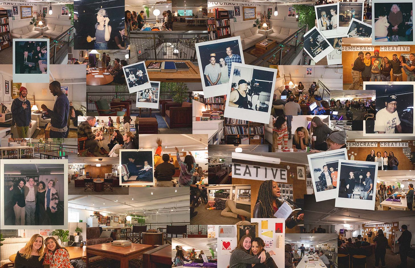 A collage of photographs from events hosted at Democracy Creative's space, showing many happy moments.