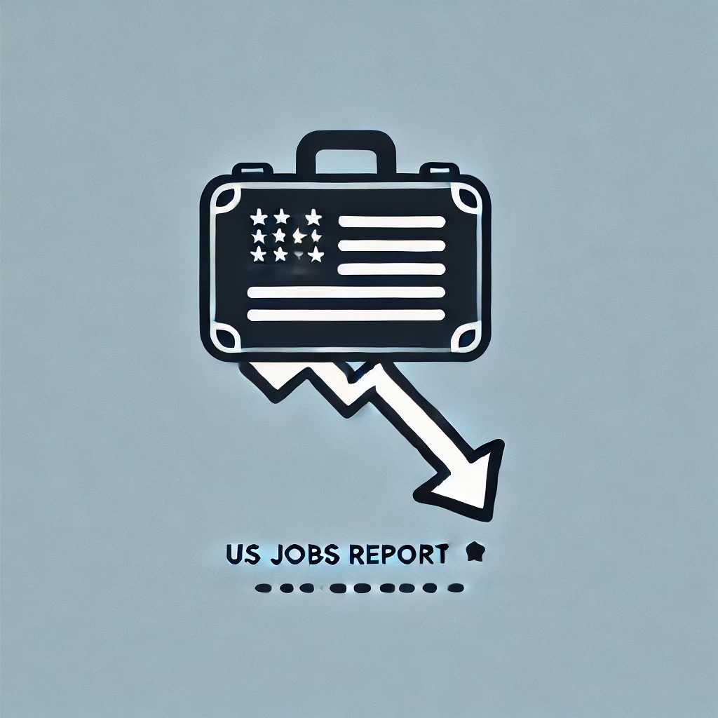 A minimalist graphic representing the US jobs report indicating weakness. The image features a briefcase with a downward arrow next to it, symbolizing job weakness. The design is simple and clean, with no text, focusing on the visual representation of declining job strength.