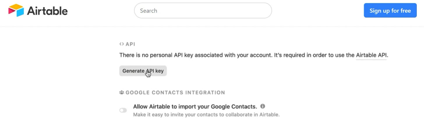 Airtable 申請 API 金鑰示意
