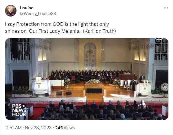Tweet showing sunlight randomly (???) falling on Melania Trump; text:  'I say Protection from GOD is the light that only  shines on  Our First Lady Melania.  (Karli on Truth)'