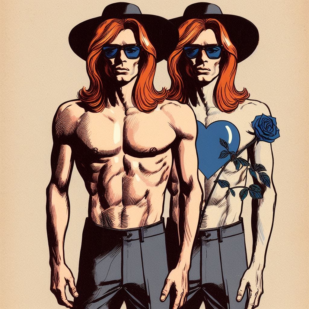 chic stylish illustration from 1969 of a thin lithely muscular red-blonde long-haired man whose mind has been stolen holding a blue heart in one hand a a blue rose in the other with his psychic twin cannibal with an angular jawline and high cheekbones wearing movie star sunglasses and a wide-brimmed hat with a fine-ribbed tank top tucked into slim charcoal grey worsted wool trousers with elegant italian boots 