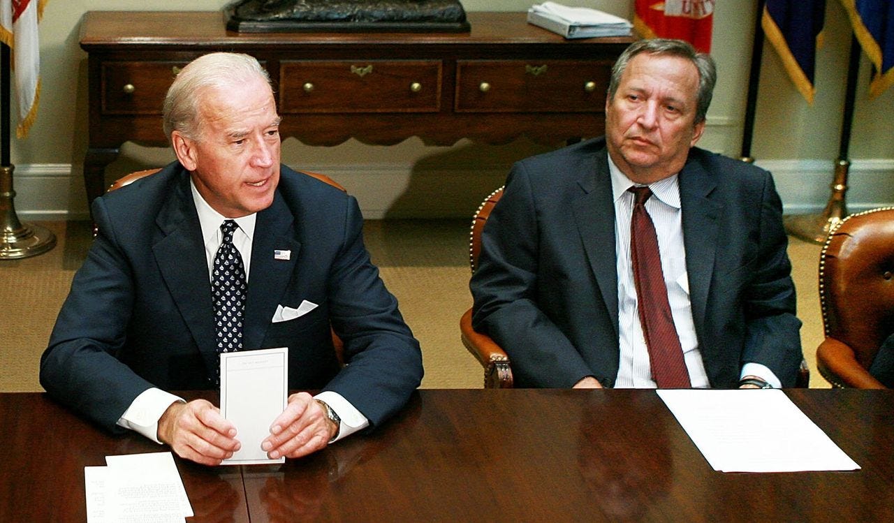 Then-Vice President Joseph Biden and then-Director of the National Economic Council Larry Summers, in October 2009.
