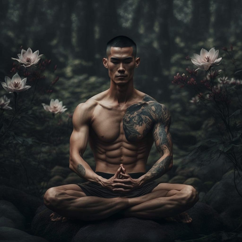 skinny and toned muscles Asian man meditating, His legs are sitting on a lotus position (legs crossed), eyes are closed with a subtle smile, in a forest, beautiful flowers, nice six pack of abs mucles, ultra realistic, future cinematic lighting, photograph, vibrant color, thick black hair with side of his head shaved, man sits on the right side of the picture, left side of the pictures there are flowers, a shinning eye catching butterfly is sitting on a flower