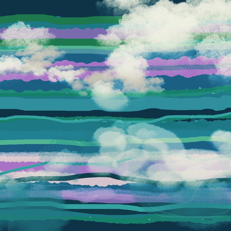 Abstract painting by Sherry Killam Arts depicting a sky with white clouds against horizontal layers of turquoise, green, magenta, and black.