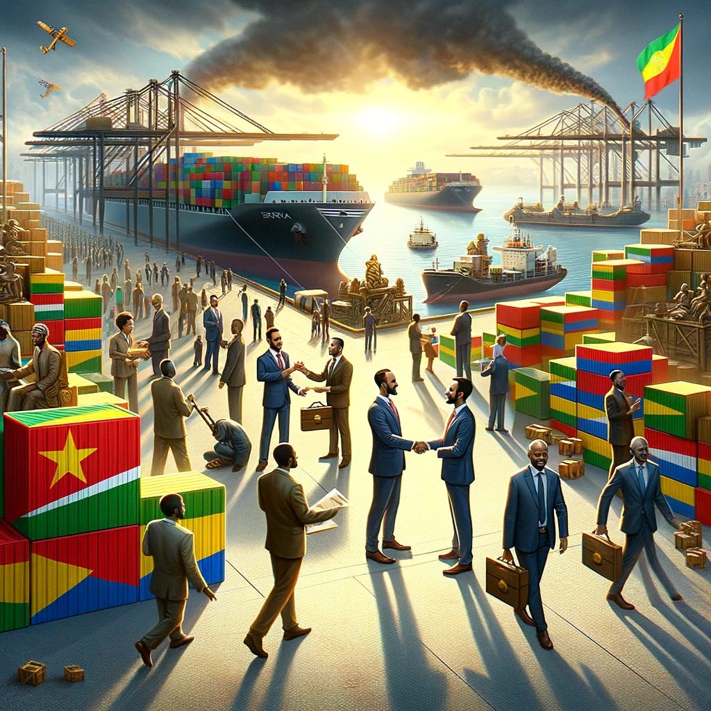 AI's imagination of the trade reevaluation and restructuring after the conflict between Eritrea and Ethiopia, showing a scene that highlights economic