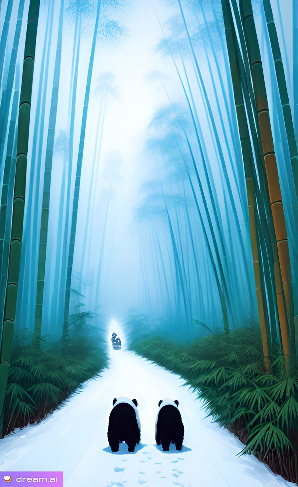 two pandas walking a snowy path in a darkened bamboo forest