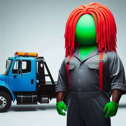 Photo of a very tall, heavy African American man dressed like a mechanic and standing next to a blue flatbed tow truck. The man doesn't have a head but instead has a basic bright neon green sphere in its place. On top of the sphere is a wig of hair that is bright red (like a fire hydrant, not ginger) and is in dreads. 