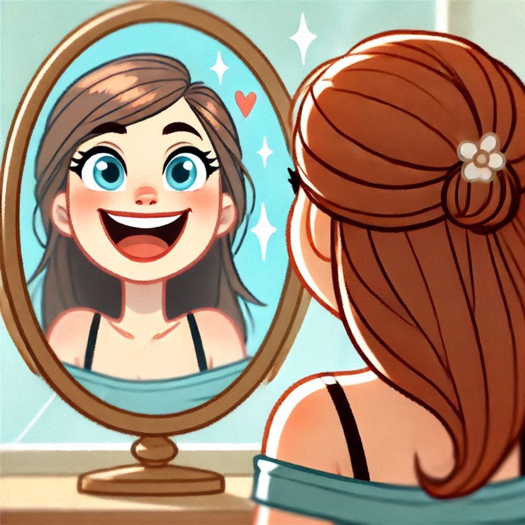 a cartoon of a woman looking in a mirror and seeing a happier version of themselves, looking back