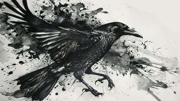 An artistic crow tattoo on white background in watercolor style.