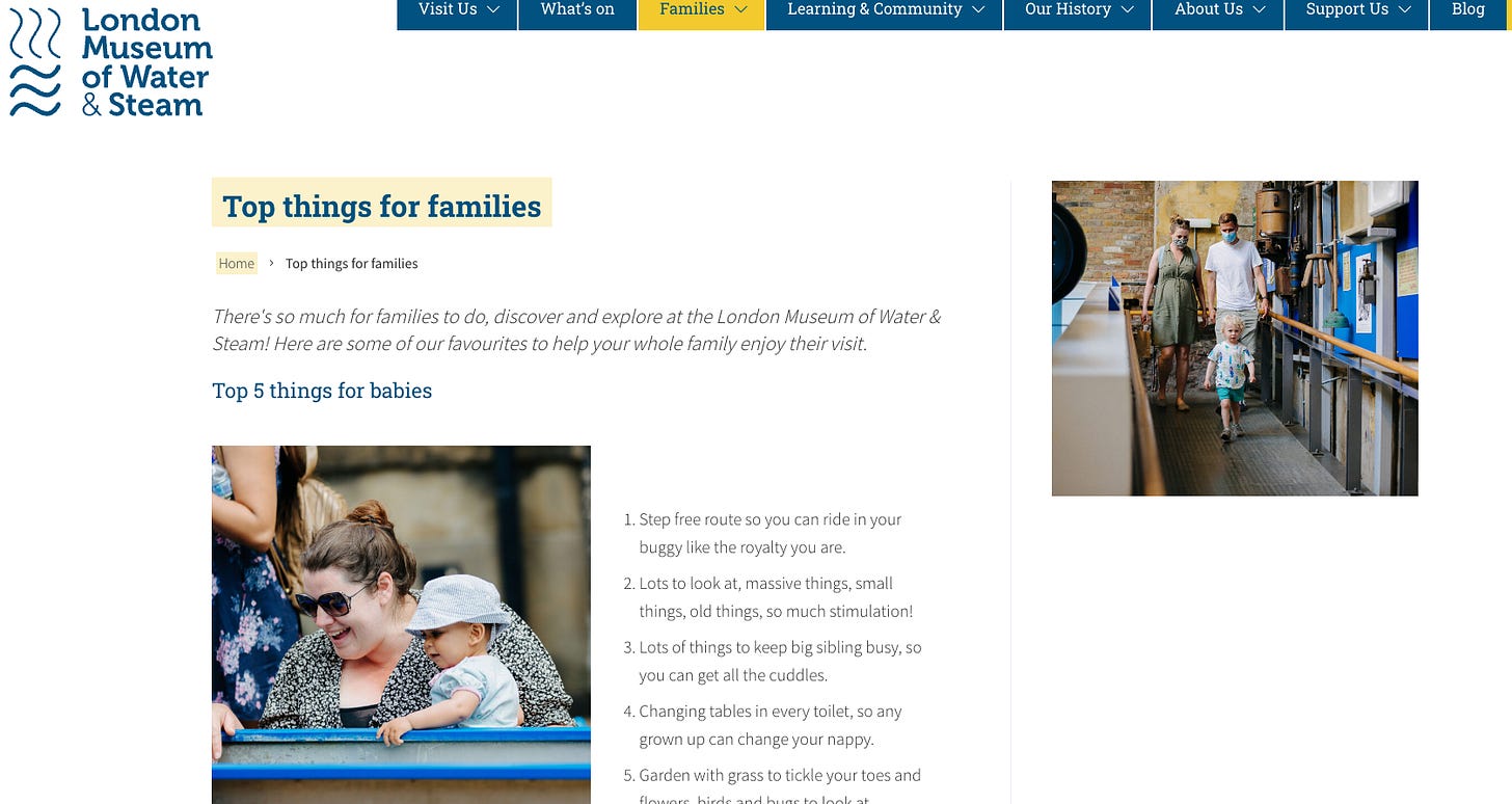 A screenshot from the London Museum of Water and Steam families page. The page shows 'Top things for families' and lists 5 "top things" for babies including step free routes and changing tables