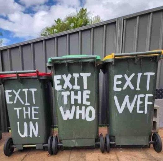May be an image of text that says "EXIT THE WHO EXIT THE UN EXIT WEF"