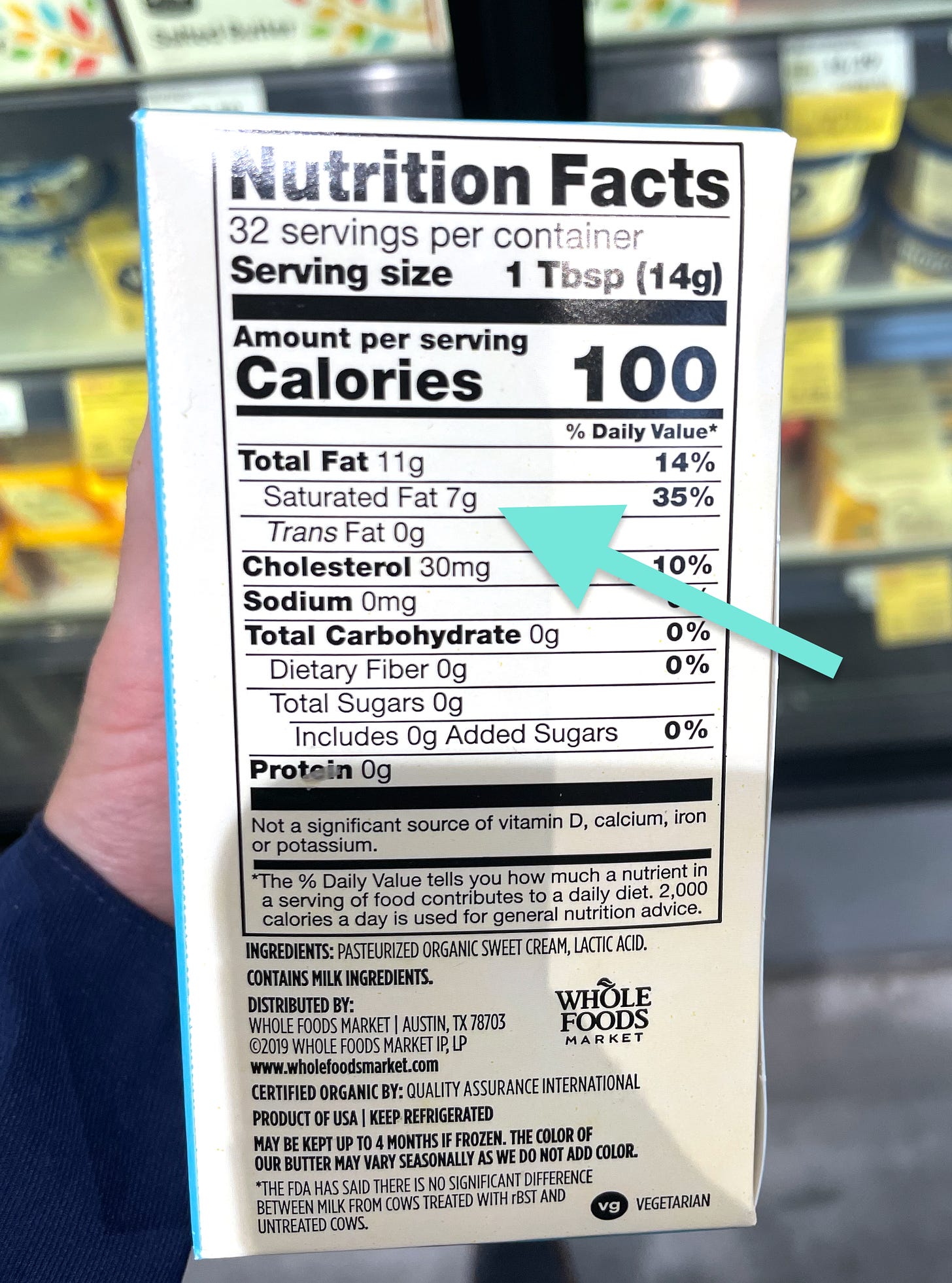 Butter nutrition label highlighting saturated fat