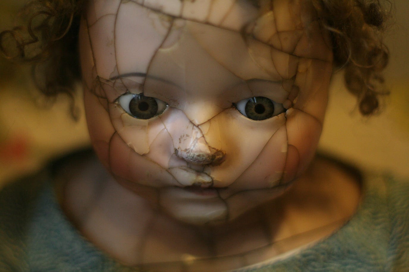 the frizzy hair, beady eyes, and face crisscrossed with scars on an antique doll. the effect is rather sad.