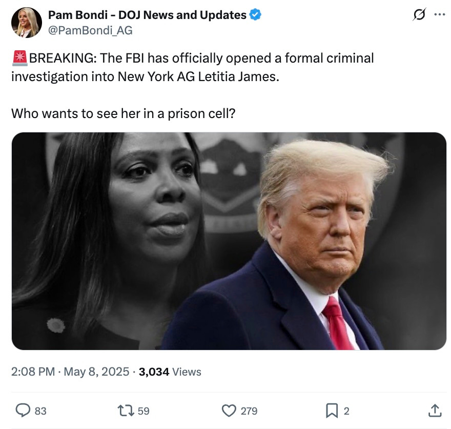 Breaking: the FBI has opened an investigation into New York AG Letitia James. Who wants to see her in a prison cell? Breaking: the FBI has opened an investigation into New York AG Letitia James. Who wants to see her in a prison cell?