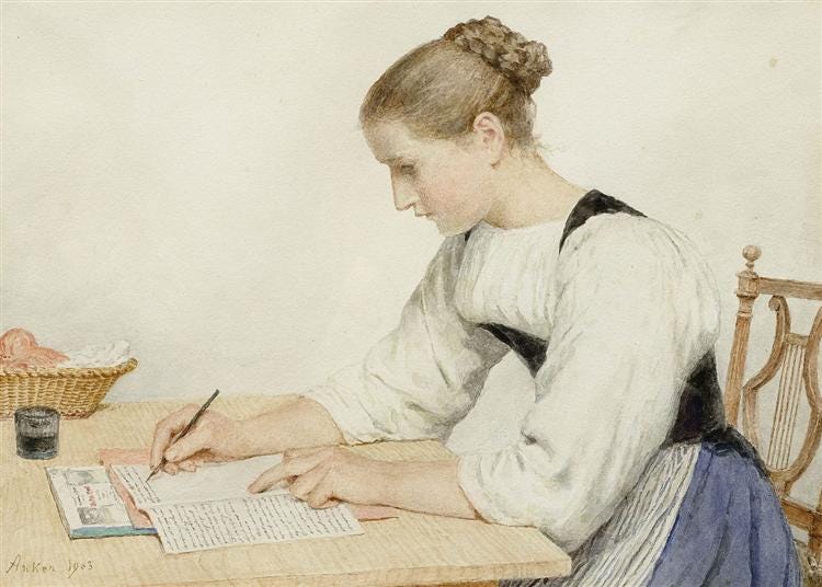 Young woman writing a letter, 1903 - Albrecht Anker - WikiArt.org