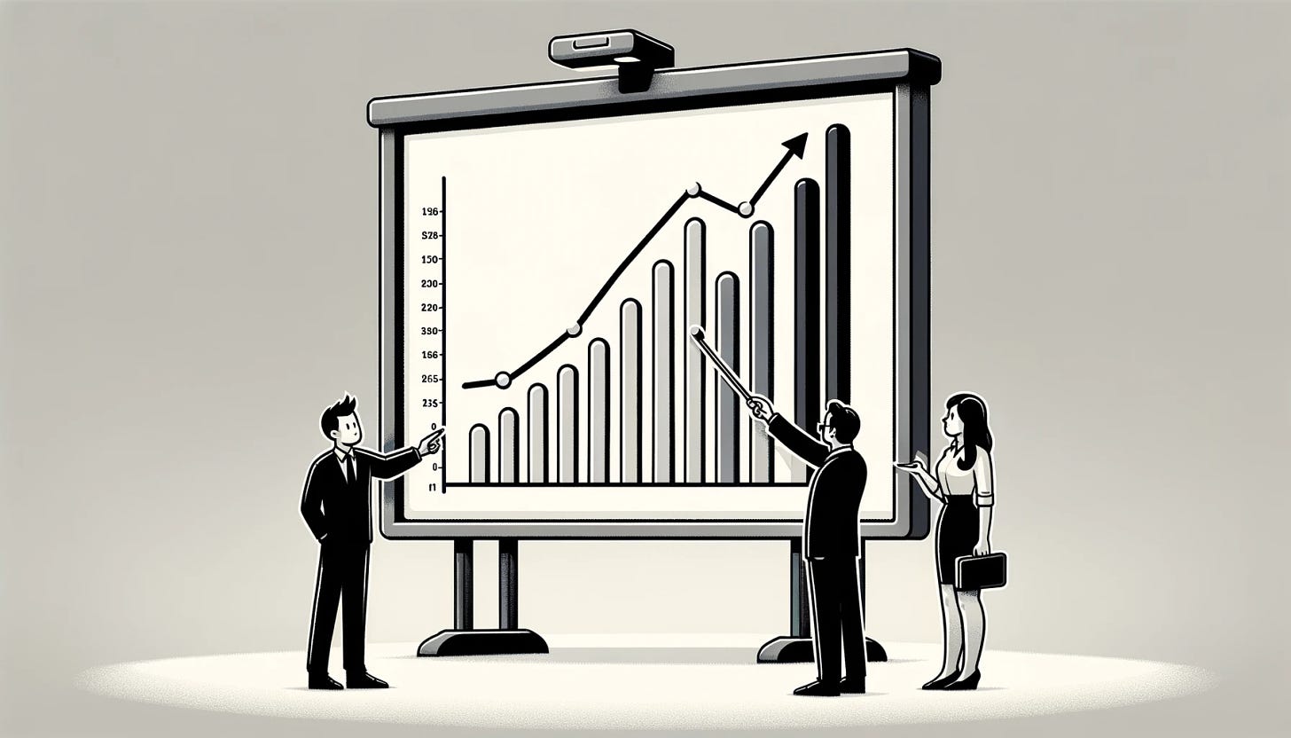 Modify the simplified illustration to feature only one chart. Remove any additional charts, leaving a single, clear bar-line chart on a display. One or two people should be standing in front of this single chart, pointing and discussing it in a straightforward manner. The focus should be on their interaction with the single chart, emphasizing the discussion and analysis of its growth trend. Maintain the black and white cartoon style with clean lines and minimal detail, ensuring the simplicity and clarity of the composition are preserved.