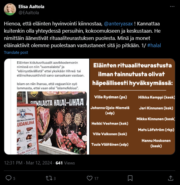 Elisa Aaltola, an "animal rights activist" at the University of Turku, who opposes criticism of refugees in the name of Islam. 