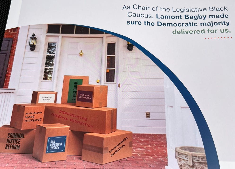 Lamont Bagby mailer featuring boxes of issues being delivered at a house.