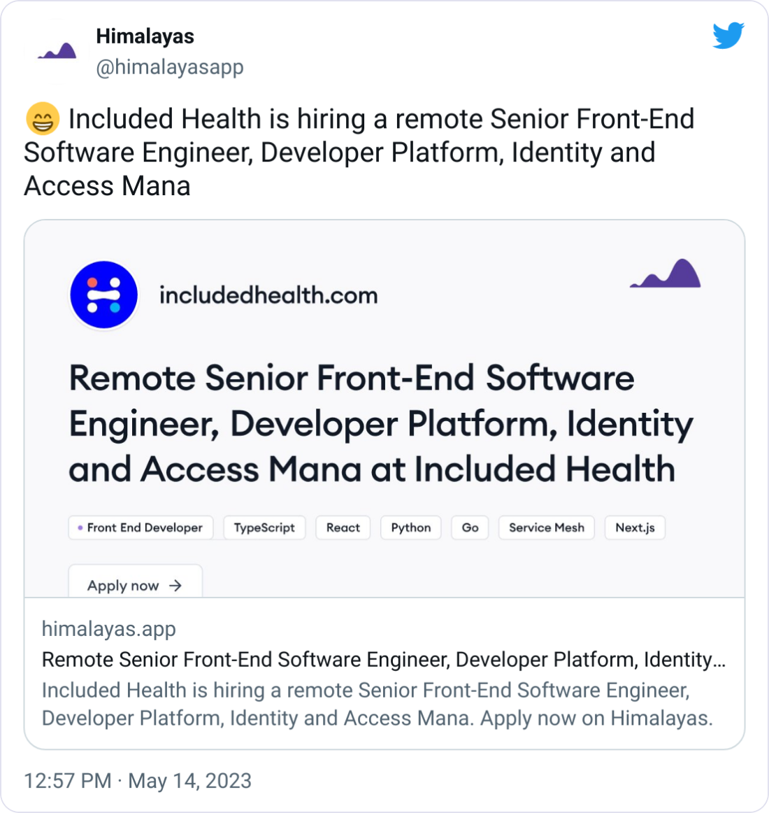 Himalayas @himalayasapp 😁 Included Health is hiring a remote Senior Front-End Software Engineer, Developer Platform, Identity and Access Mana