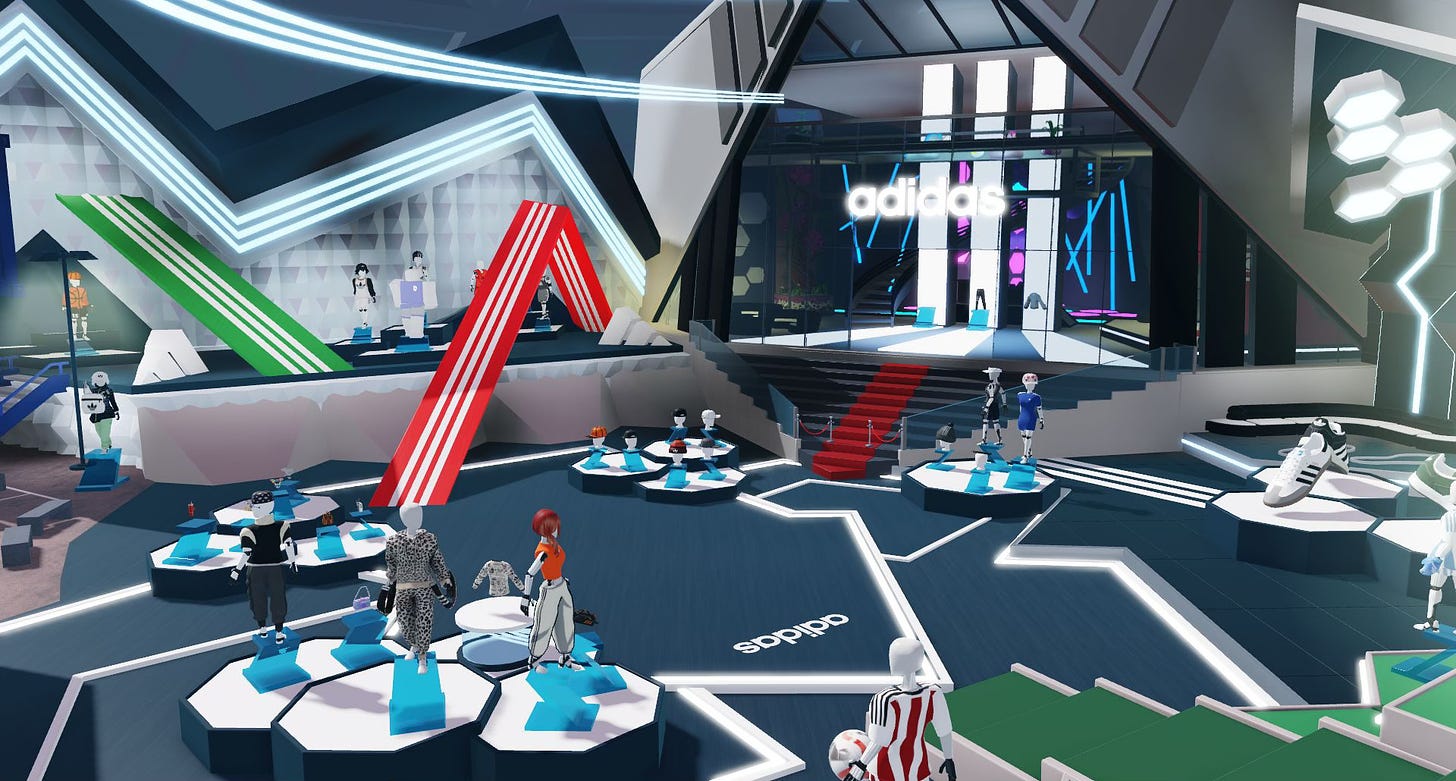 Futuristic virtual storefront on the Roblox platform featuring adidas-branded clothing and accessories