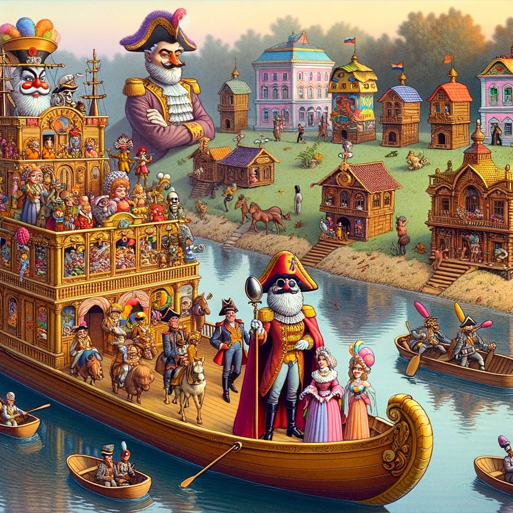 A whimsical and slightly exaggerated illustration inspired by the story of Potemkin villages. Picture Catherine the Great and her entourage on a large, ornate barge floating down the Dnieper River, with an array of fanciful, colorful, and obviously fake villages along the riverbank. These villages are depicted as overly cheerful and bustling with activity, but clearly made of flimsy materials and with soldiers disguised as villagers. The scene has a playful and cartoonish style, reminiscent of an 80s animated show, with exaggerated expressions on the characters' faces, highlighting the absurdity and theatrical nature of the situation.