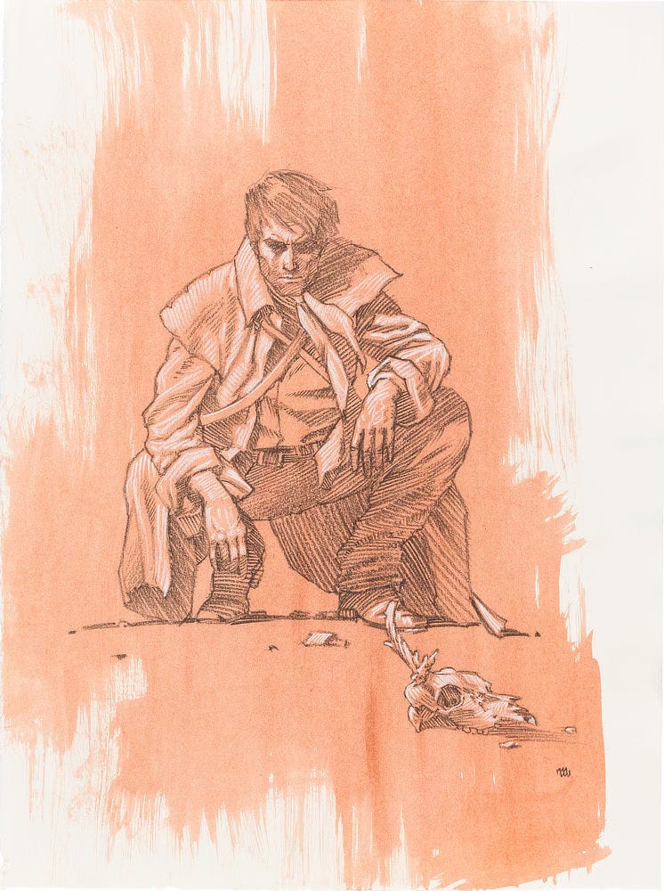 Pencil remarque with white highlights over a coral wash featuring Roland crouching behind an animal skull with broken antler. Her wears his signature leather duster with kerchief tied at his neck. The tails of his coat drag on the ground.