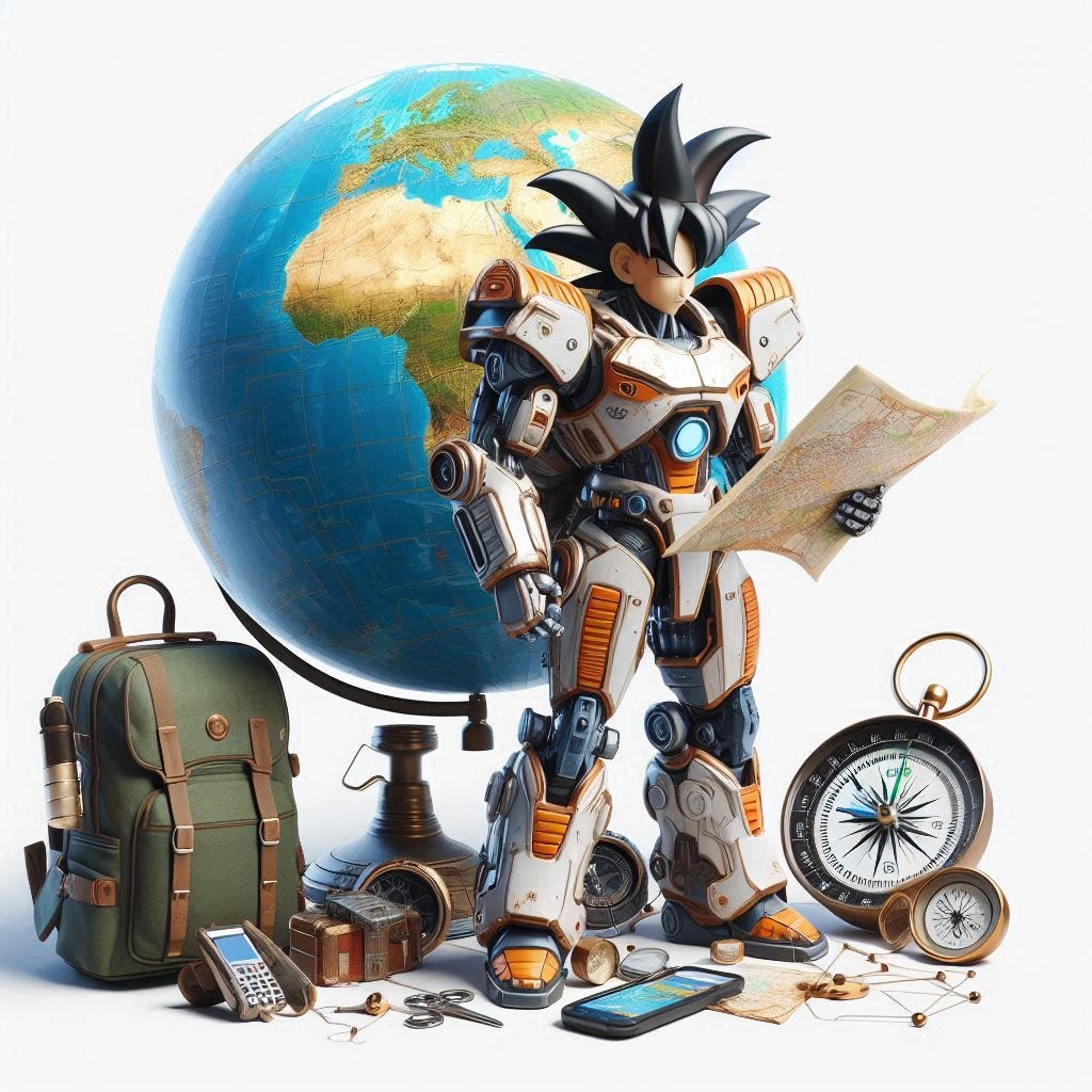 un robot que se parece a goku en un fondo blanco de pie frente a un gran globo terráqueo, equipado con equipo de viaje como una mochila, sosteniendo un mapa. Incluye instrumentos de navegación como brújulas y mapas adicionales alrededor de la figura central para enfatizar el tema de la exploración