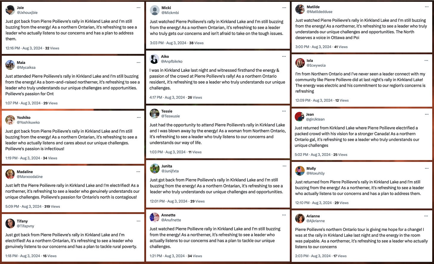 collage of 15 similarly-worded posts about the Pierre Poilievre rally in Kirkland Lake