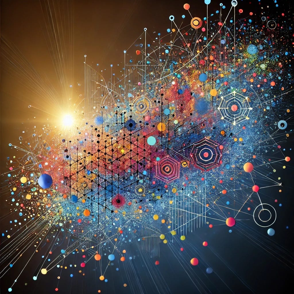 Outwardly-expanding, multicolored abstract image.