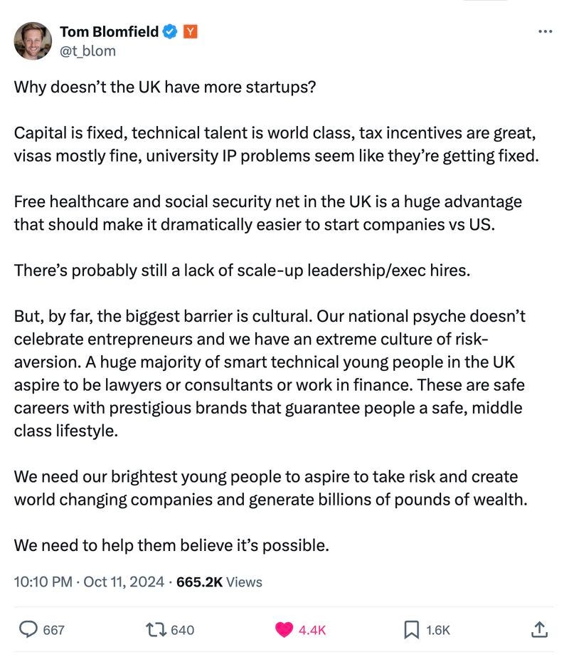 Nailed it! Monzo co-founder & ex-CEO Tom Blomfield on why the UK doesn't have more startups:  "But, by far, the biggest barrier is cultural. Our national psyche doesn’t celebrate entrepreneurs and we have an extreme culture of risk-aversion. A huge majority of smart technical young people in the UK aspire to be lawyers or consultants or work in finance. These are safe careers with prestigious brands that guarantee people a safe, middle class lifestyle" - Tom Blomfield  Unfortunately, this equally applies to 99% of Europe too. In the age of abundance, risk aversion and lack of innovation is eating us from the inside out.  We need an equivalent to the American Dream. Something that would allow people to believe in themselves when nobody else does.  Because the future belongs to optimists and risk-takers.  European Dream 🇪🇺🚀