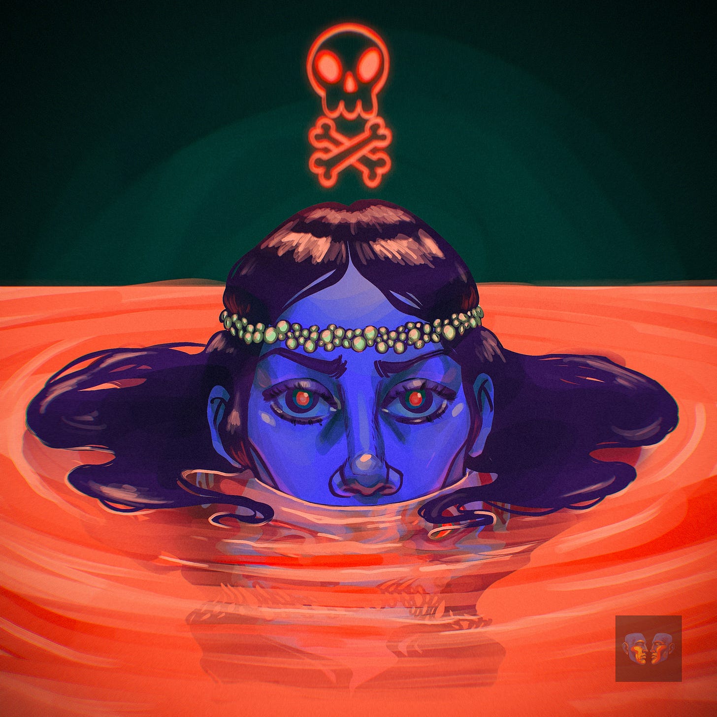 A blue female pace is half submerged in red liquid, looking out at the viewer. There is a read skull and crossbones sigil floating above her head.
