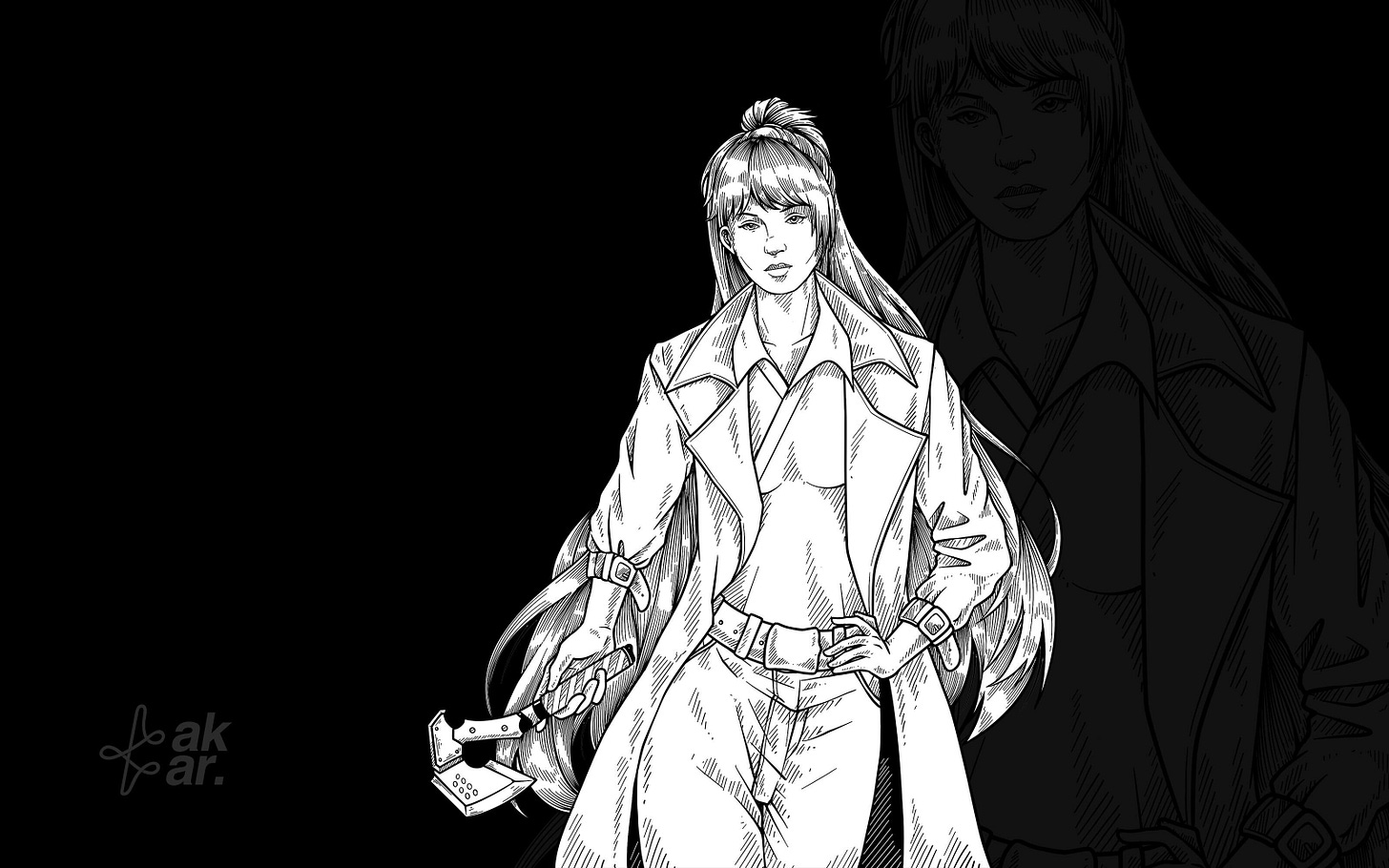 A tall woman with a ponytail in a leather duster, carrying a collapsible axe A tall woman with a ponytail in a leather duster, carrying a collapsible axe