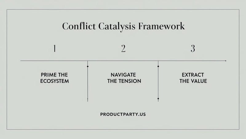 I need an image called Conflict Catalysis Framework. It has 3 different sections. 1) Prime the Ecosystem 2) Navigate the Tension 3) Extract the Value. Make the image minimalist and include "productparty.us" in the bottom right in plain text with no logo.