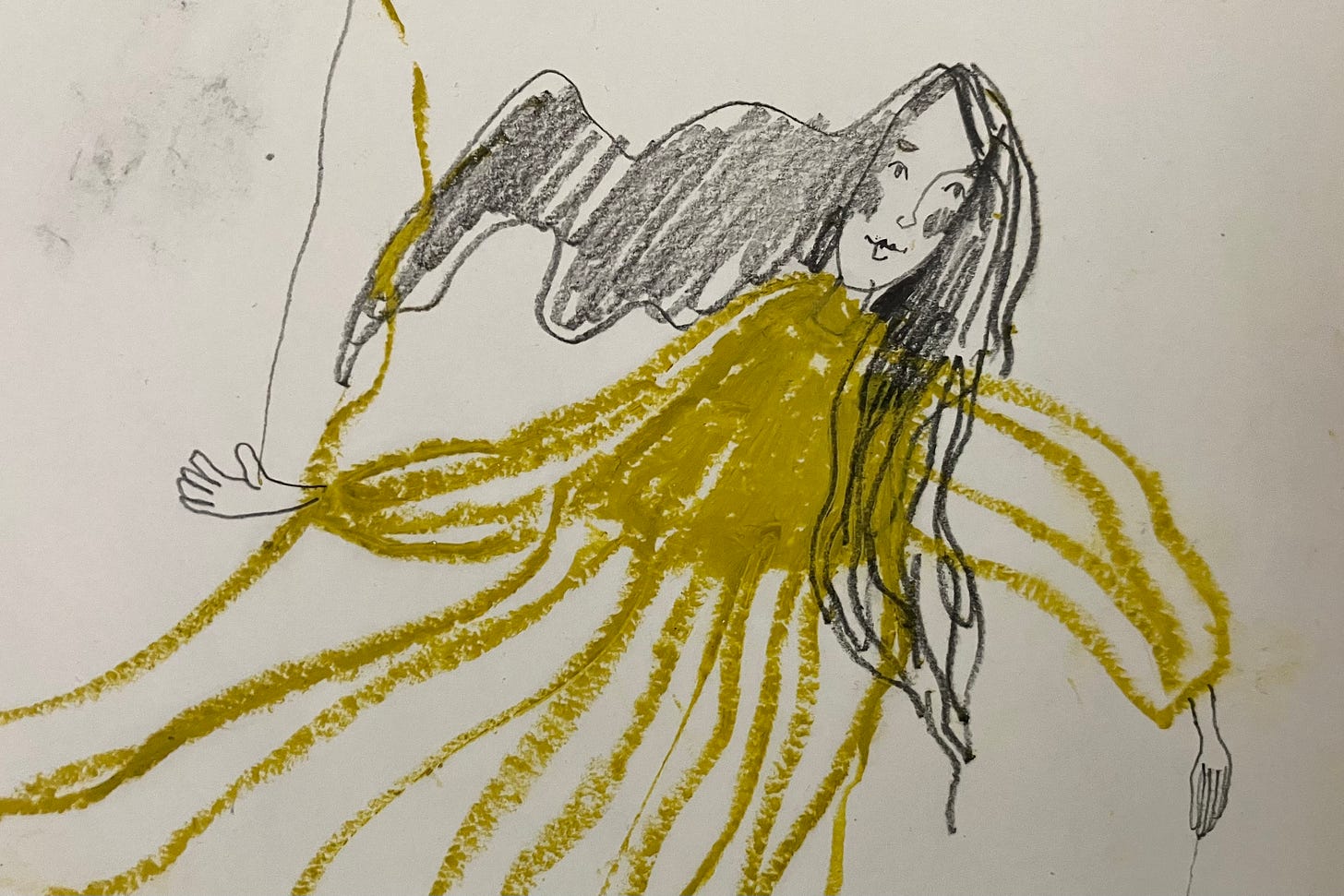 An illustration of a woman with long hair. She is wearing a mustard yellow dress. She has lots of energy as if she is connected with all things