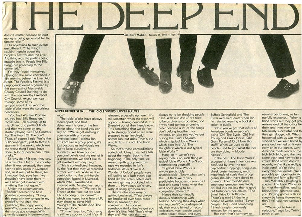 Page 2 of the original cutting. It includes a photo of the Icicle Works' feet.