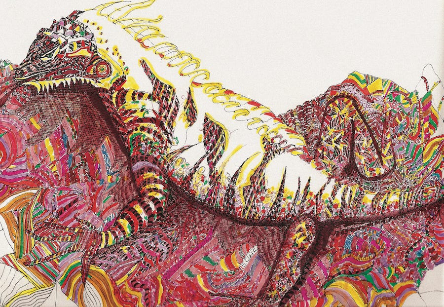 Marker drawing of a Kamodo Dragon by Sherry Killam Arts.