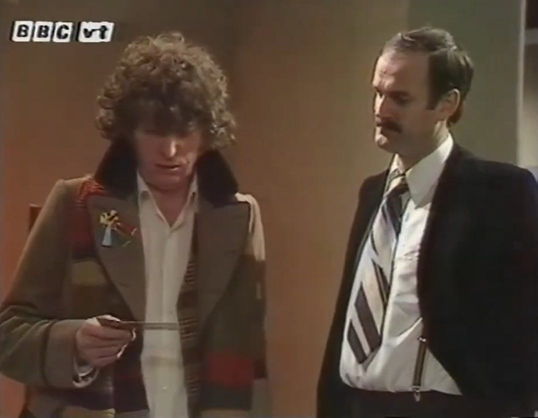 John Cleese and Tom Baker perform a skit about an autograph in John Cleese autograph hunting in 'Good King Memorex'.