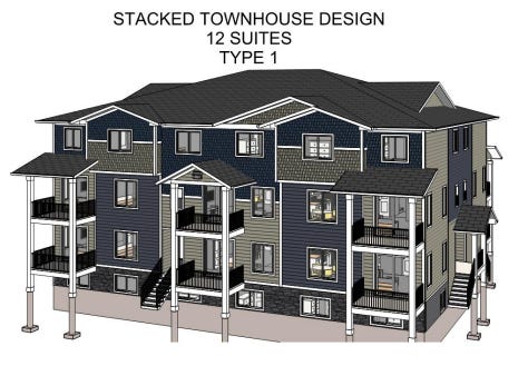 Drawing of Stacked Townhouse Design. 12 suites. Type 1
