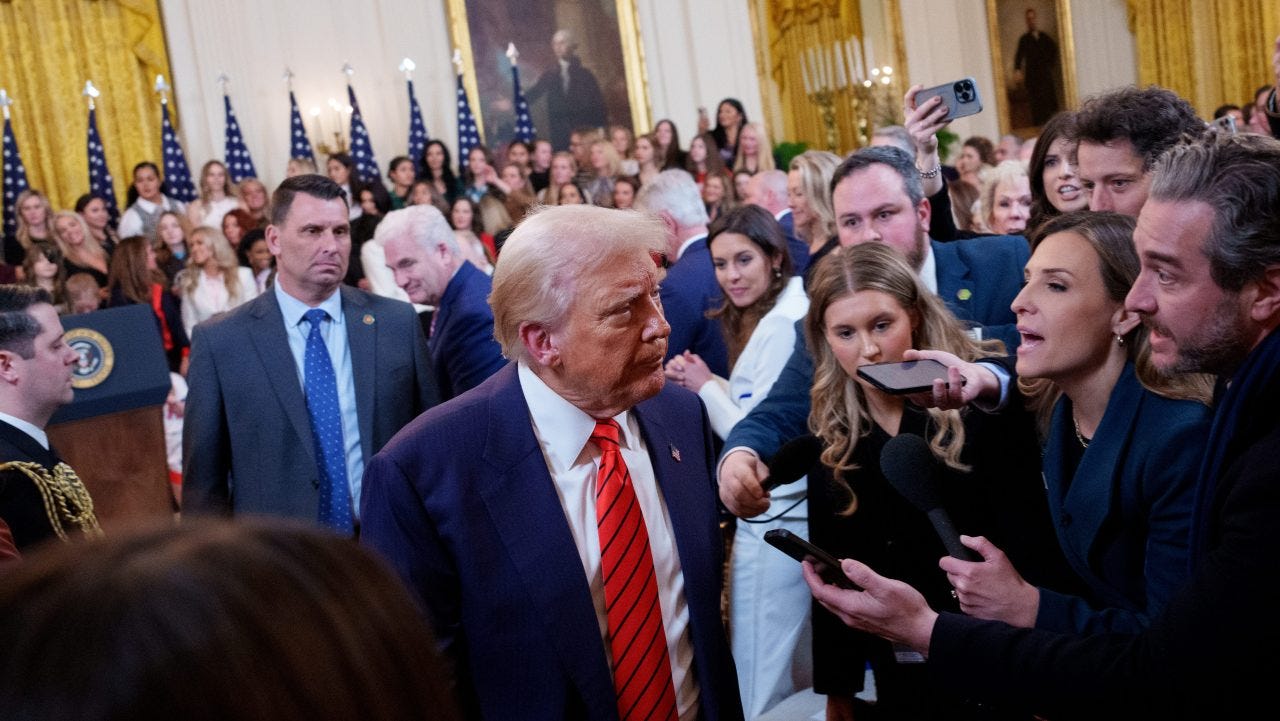 President Donald Trump departs after signing the "No Men in Women's Sports" executive order in the East Room of the White House