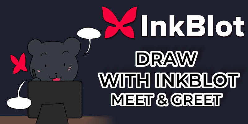 Text on the right reads: "InkBlot. Draw with InkBlot. Meet and greet." On the left is Bo drawing on a tablet while talking to Tai.