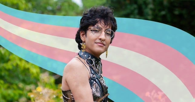 Jasmine Qureshi wearing a harness with the transgender flag colours as a background