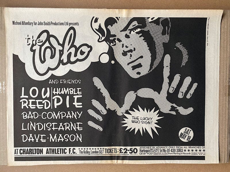 Flyer for 'The Who and Friends' at The Valley, Charlton, 1974