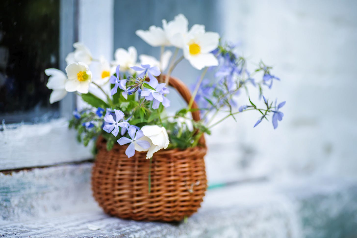 A wicker basket filled with white and purple flowers rests on a windowsill against a white wall.