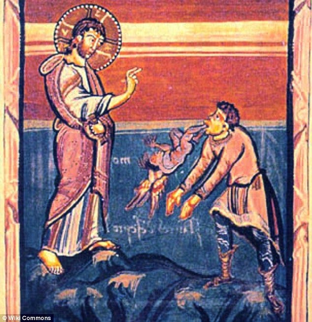 According to the Bible, the 'Land of the Gederenes' - thought to be Kursi - is the site of the Miracle of the Swine during which the apostles Luke, Mark and Matthew explained that Jesus rid a possessed man of demons (illustrated in this Medieval picture) and sent the demons into pigs